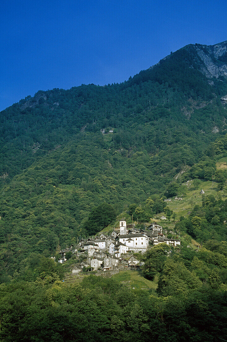 Mountain village Corippo under blue sky, Valle Verzasca, Ticino, Switzerland, Europe