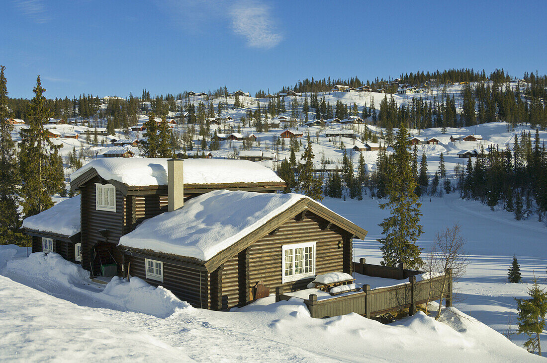 Holiday chalet in snowy landscape, Valdres, Norway