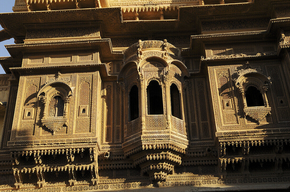 Magnificent architecture in the old and narrow streets of Jaisalmer, Rajasthan, India