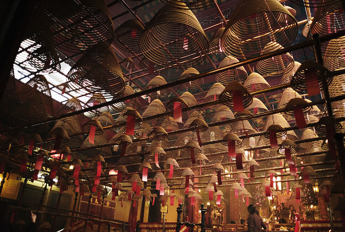 The giant incense coils hanging inside Man Mo Temple, Central Distrct, Hong Kong, China