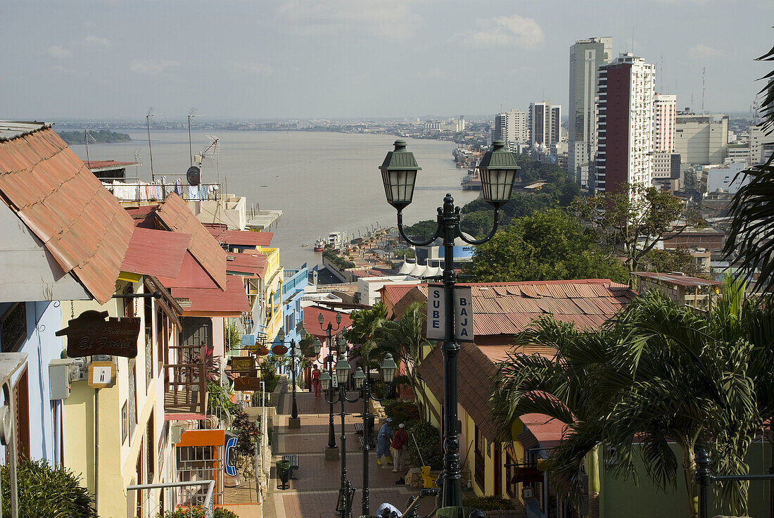 Ecuador. Guayaquil city. Santa Ana Hill. Neighborhood of Las Peñas. Traditional architecture. Staircase Diego Noboa and Arteta. City of Guayaquil in the background.