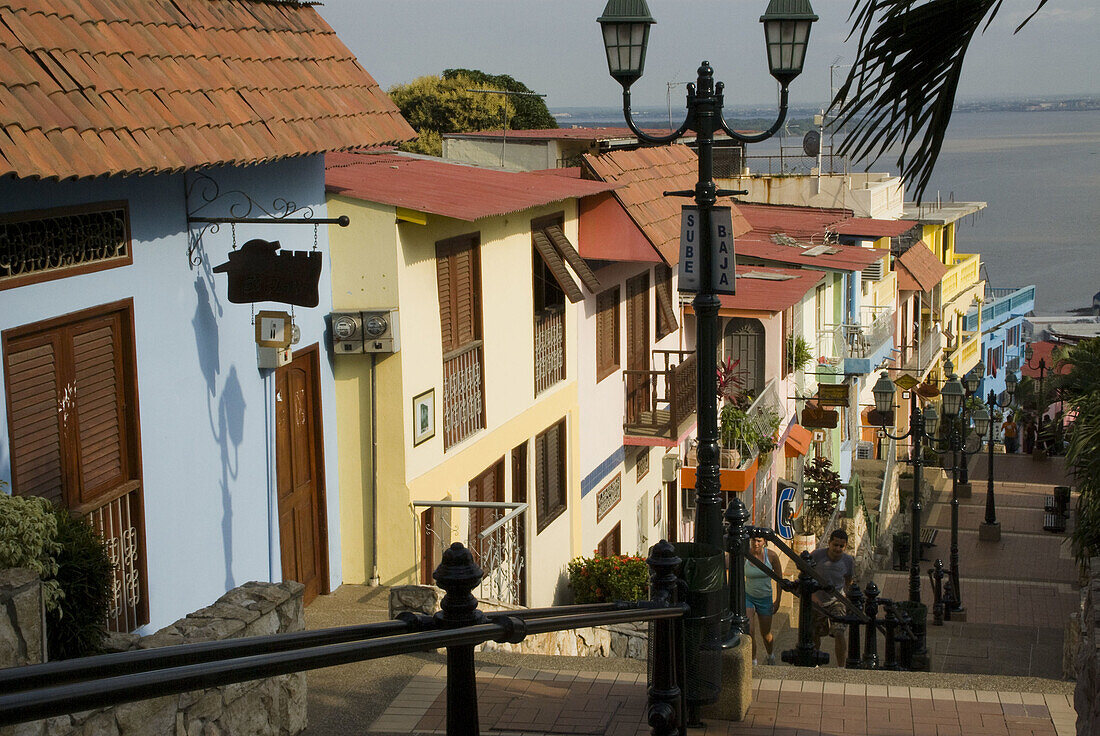 Ecuador. Guayaquil city. Santa Ana Hill. Las Peñas neighborhood. Traditional houses. Staircase Diego Noboa and Arteta.