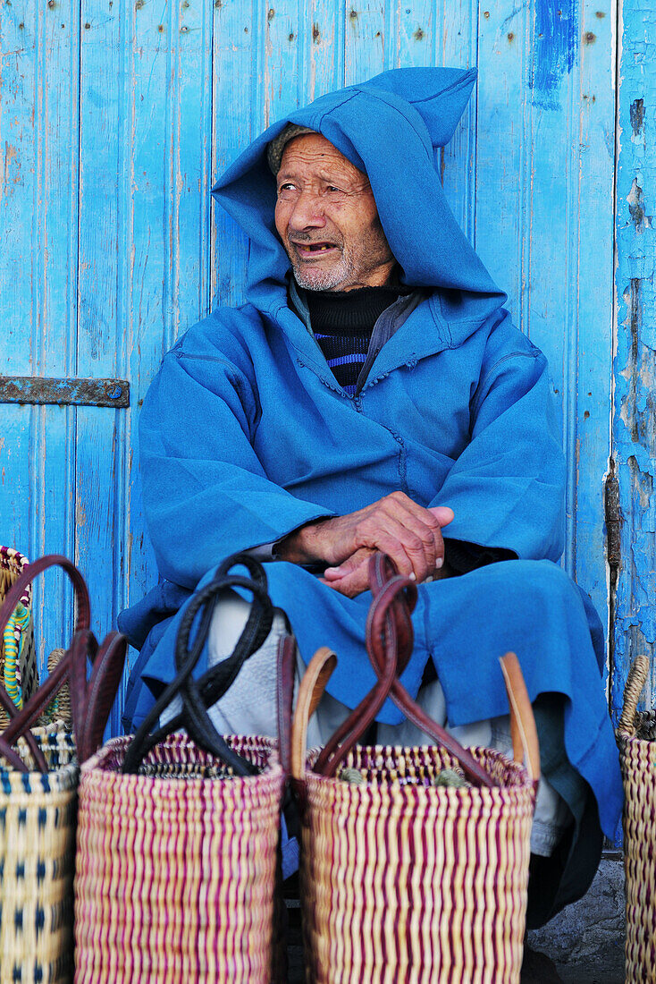 Blue, exterior, male, man, men, Morocco, Old, outdoor, outdoors, outside, Travel, Travels, World locations, World travel, A75-731168, agefotostock 