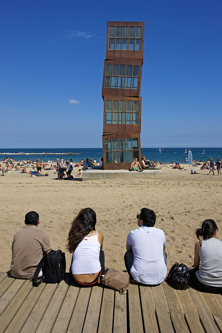Metallic cubic sculpture by artist Rebecca Horn at Barceloneta beach,  Barcelona. Catalonia,  Spain