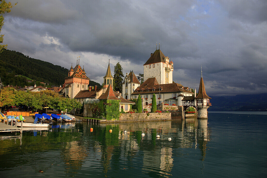 Palais Oberhofen at the village of Oberhofen at Lake Thun,  Thunersee,  canton Bern,  Switzerland