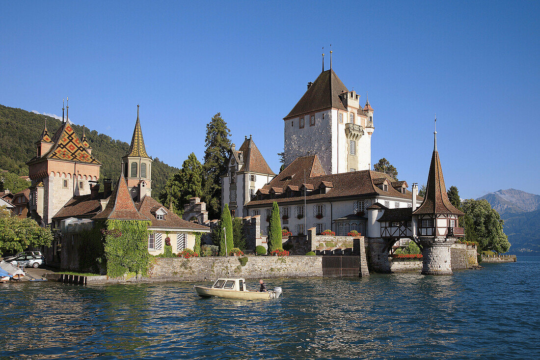 Palais Oberhofen at the village of Oberhofen at Lake Thun,  Thunersee,  canton Bern,  Switzerland