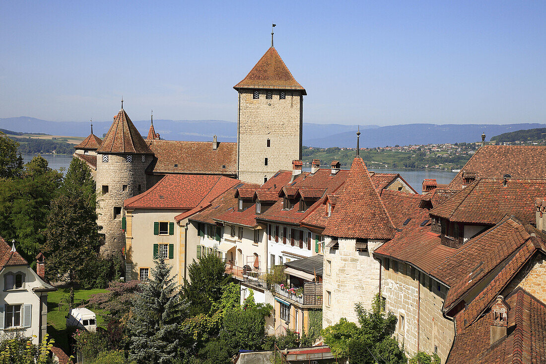 castle and citywall of Murten,  Morat,  canton of Fribourg,  Switzerland