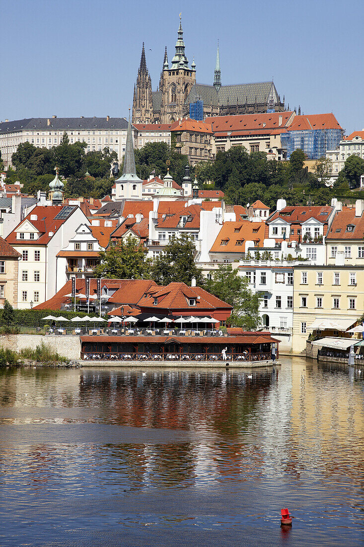 Vltava river with Prague Castle in background, Prague, Czech Republic