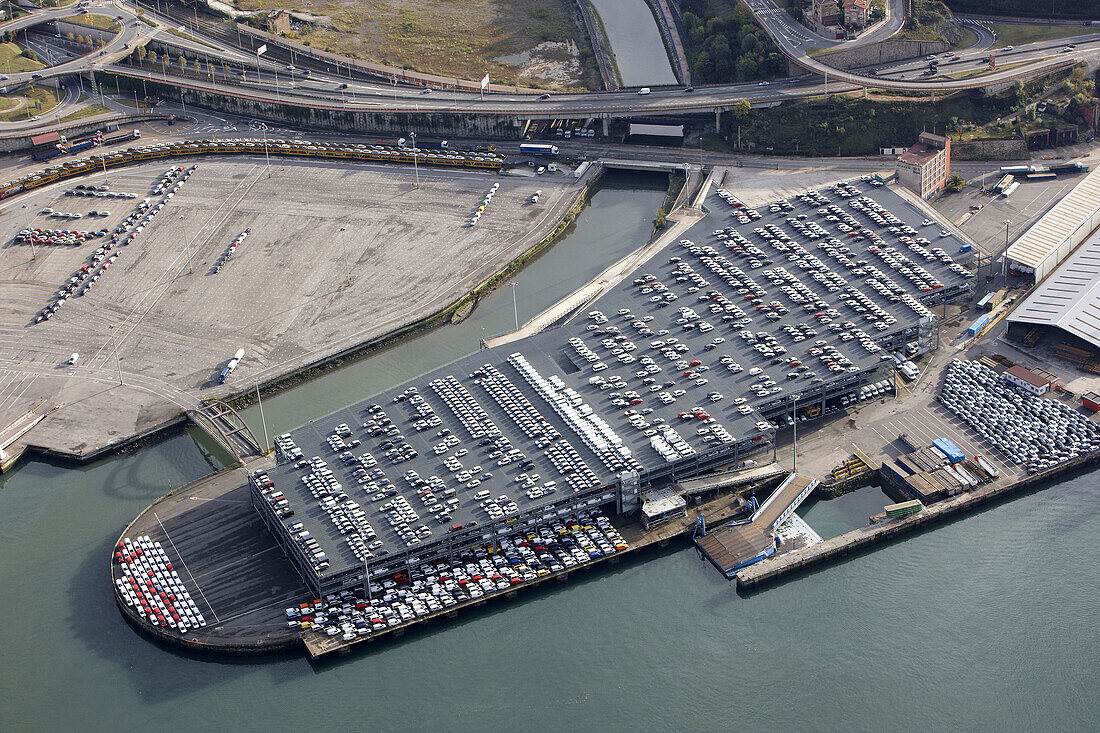 Automobiles at RORO dock,  Port of Pasaia,  Guipuzcoa,  Basque Country,  Spain