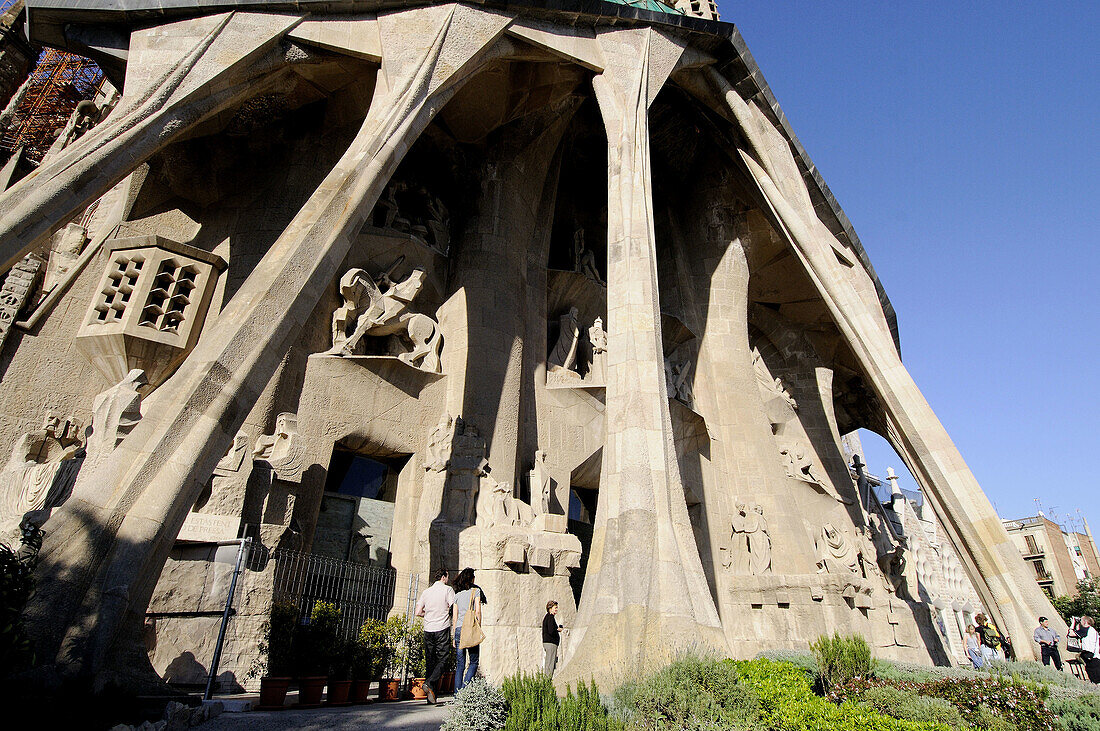 Passion facade of the Sagrada Familia temple, Barcelona. Catalonia, Spain