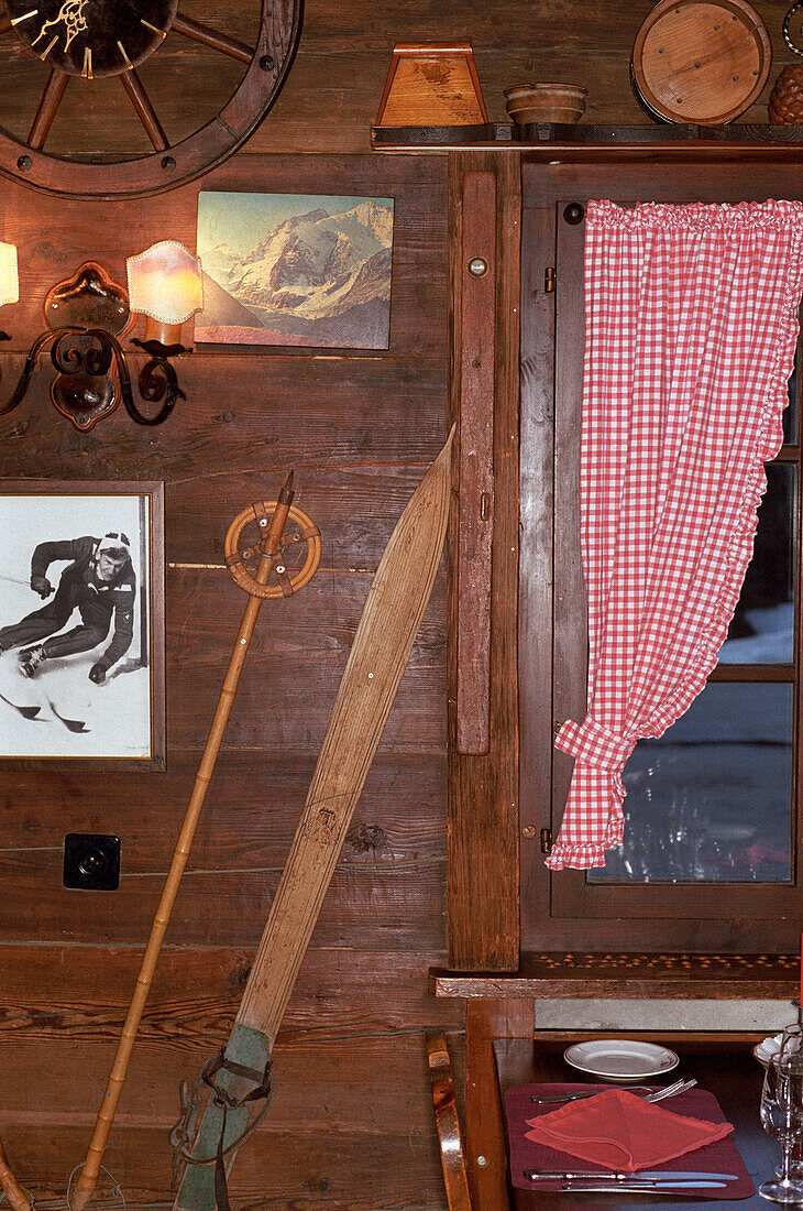 Interior view inside a ski hut, ski hut in the mountains, Skiing, Alps, Winter