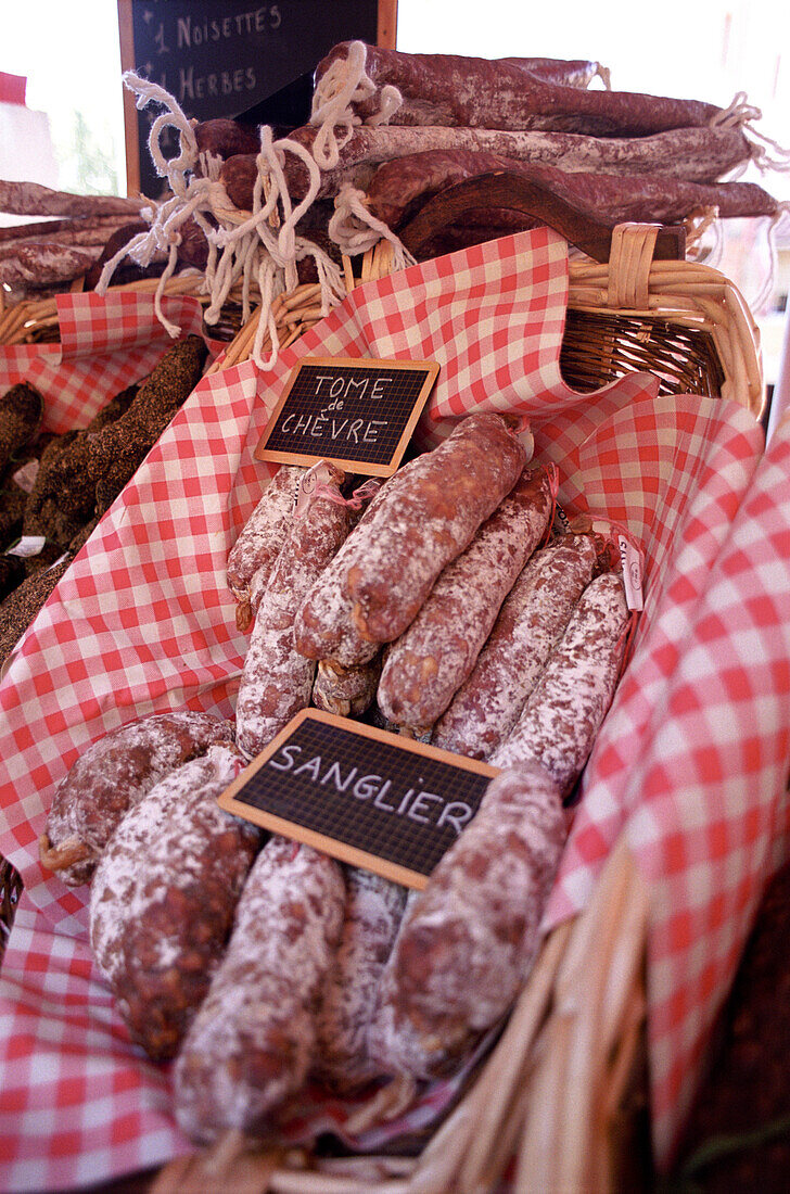 Salami sausages on the market, Collioure, Languedoc-Roussillon, South France, France