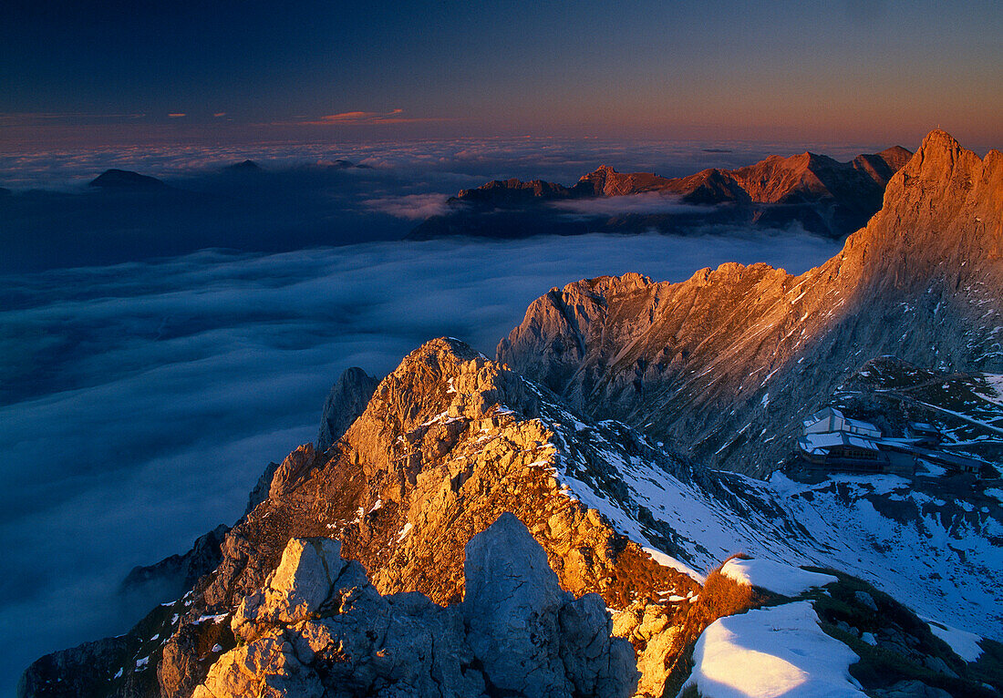 View at a mountain station at Karwendel mountains in the evening, Bavaria, Germany, Europe