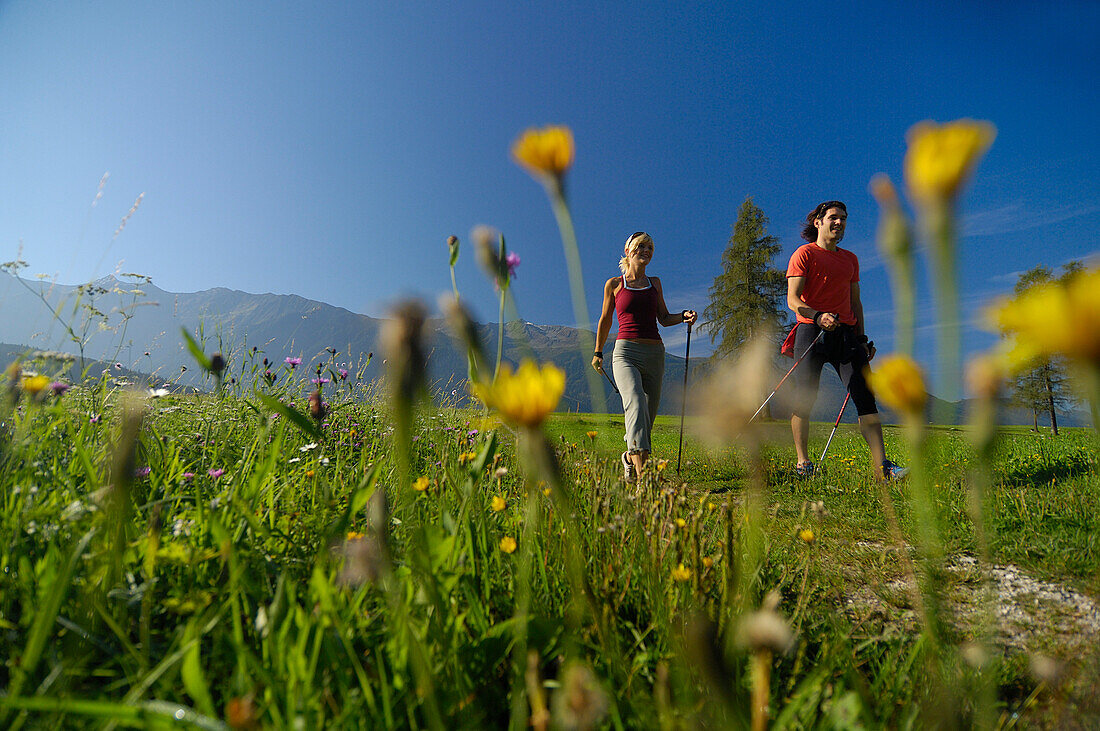 Ein Paar beim Nordic Walking unter blauem Himmel, Tirol, Österreich, Europa