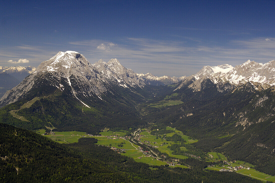 Aerial view of Leutasch valley and Hohe Munde, Tyrol, Austria, Europe