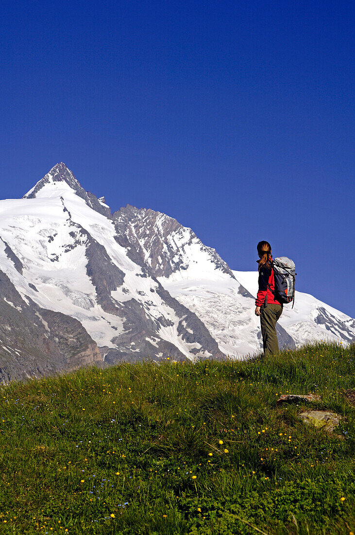 Woman with rucksack on a meadow in front of the Grossglockner, Hohe Tauern, Austria, Europe