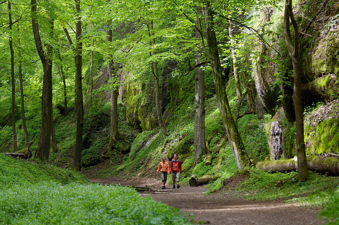 Paar beim Wandern, Wanderung im Thüringer Wald, Drachenschlucht nahe Eisenach, Thüringen, Deutschland