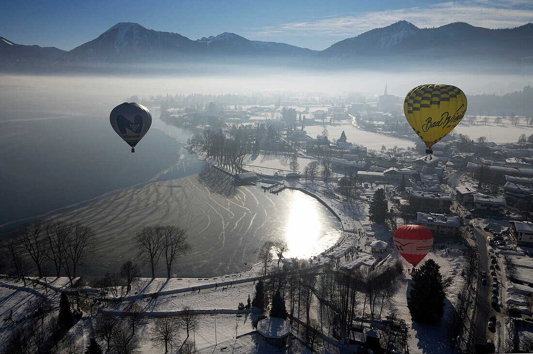 Hot Air Balloons over Bad Wiessee, Balloon Festival, Montgolfiade, Upper Bavaria, Bavaria, Germany, Europe