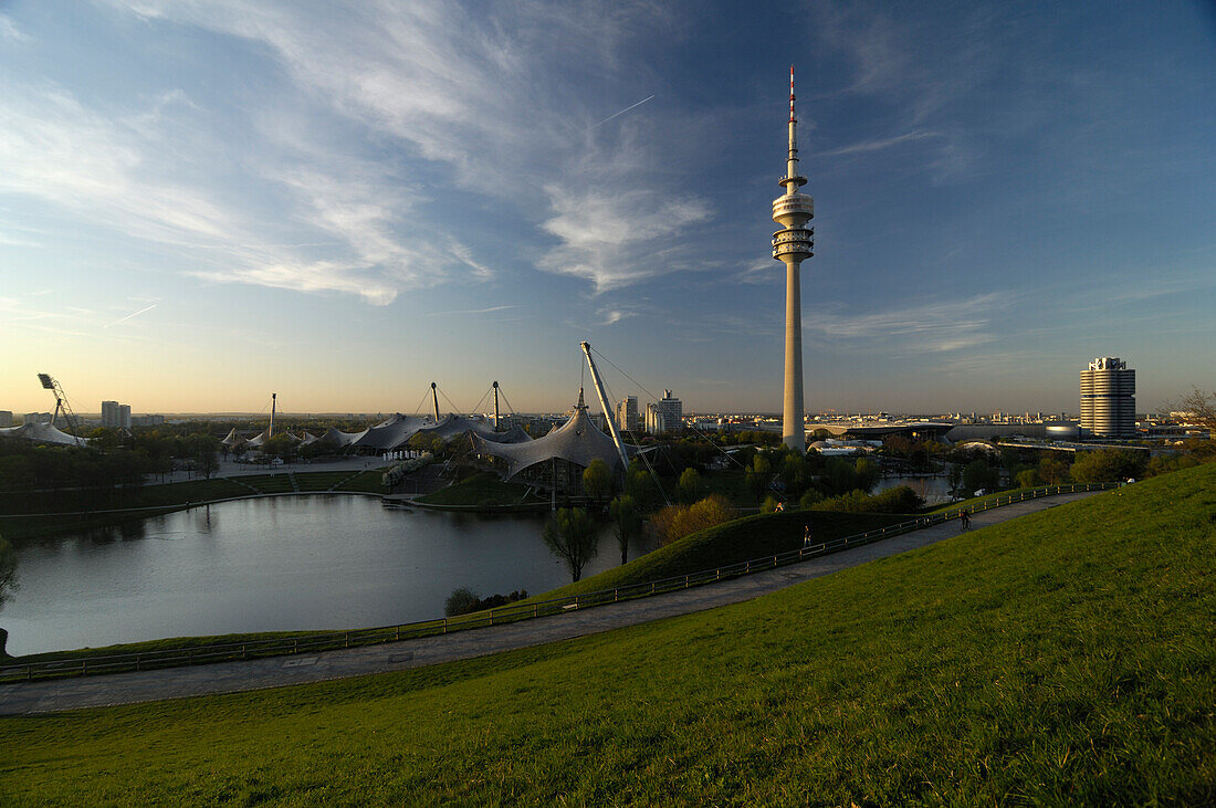 Olympia Park with Olympic tower and lake, Munich, Upper Bavaria, Bavaria, Germany, Europe