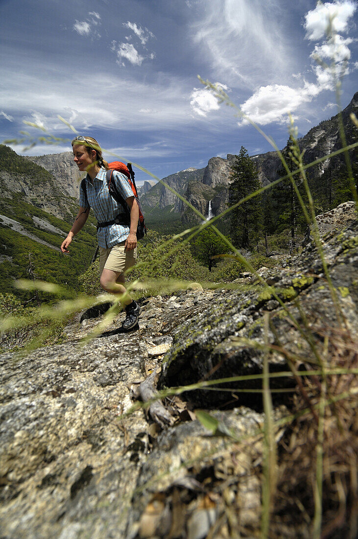 Mid adult woman hiking, Yosemite National Park, California, USA