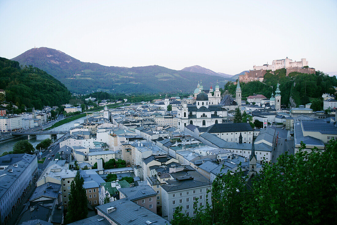 View of Hohensalzburg castle and Salzburg Cathedral, Domplatz, Salzach, River, Salzburg, Österreich