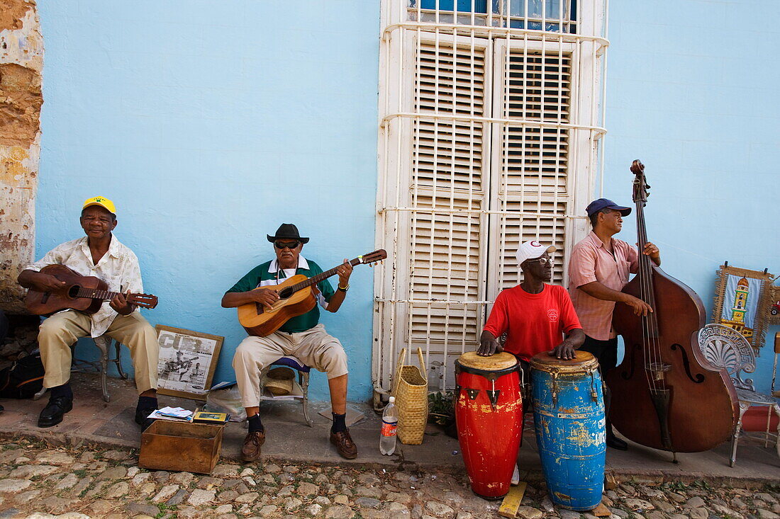 Son Band playing on street, Trinidad, Sancti Spiritus, Cuba, West Indies