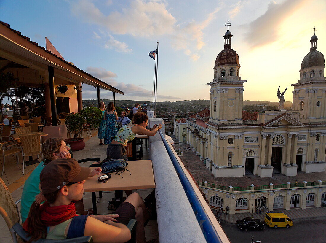Terrace of Hotel Casa Granda, Catedral de Nuestra Senora de la Asuncion in background, Santiago de Cuba, Santiago de Cuba, Cuba, West Indies