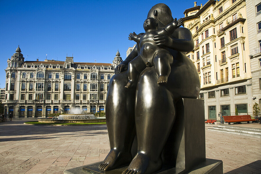 Motherhood sculpture by Fernando Botero in Plaza de la Escandalera, Oviedo. Asturias, Spain