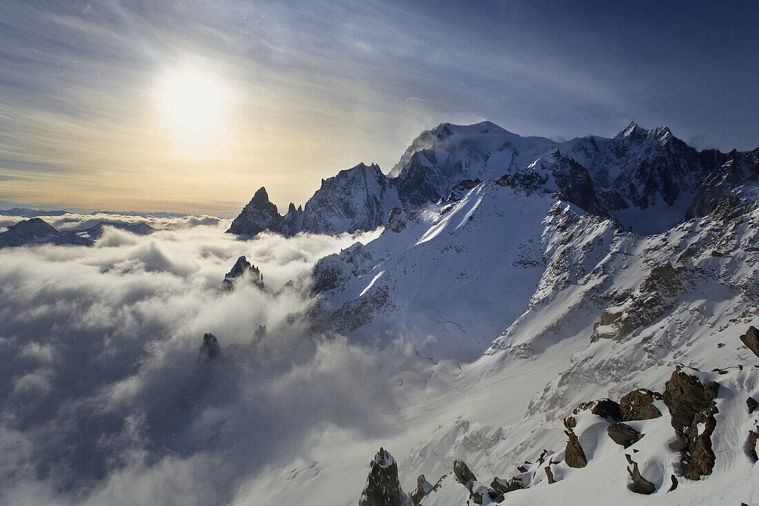 View of the Mont Blanc massi,  with the Aiguille Noire de Peuterey on the left. View from Point Helbronner (3.462 m.). France/Italy