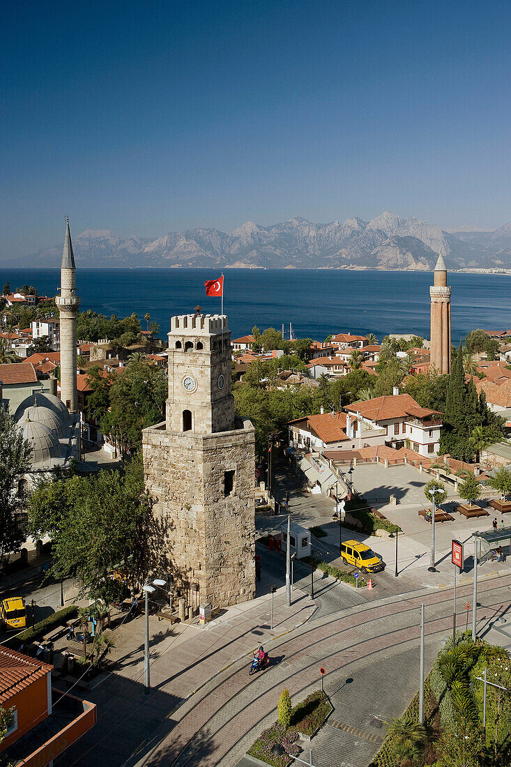 Roman era clock tower,  Tekeli Mehmet Mosque and Yivli minaret at Kalekapisi,  Antalya,  Turkey