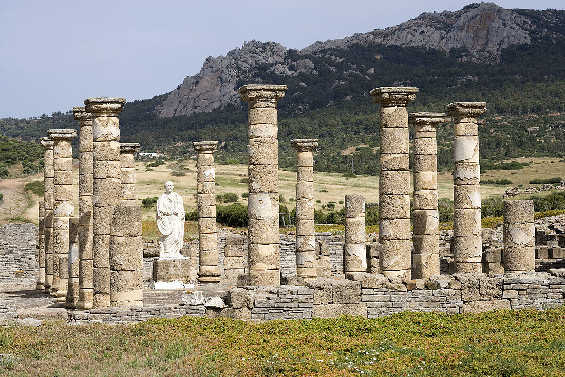 Temple of Augustus, ruins of old roman city of Baelo Claudia, Tarifa. Cadiz province, Andalucia, Spain