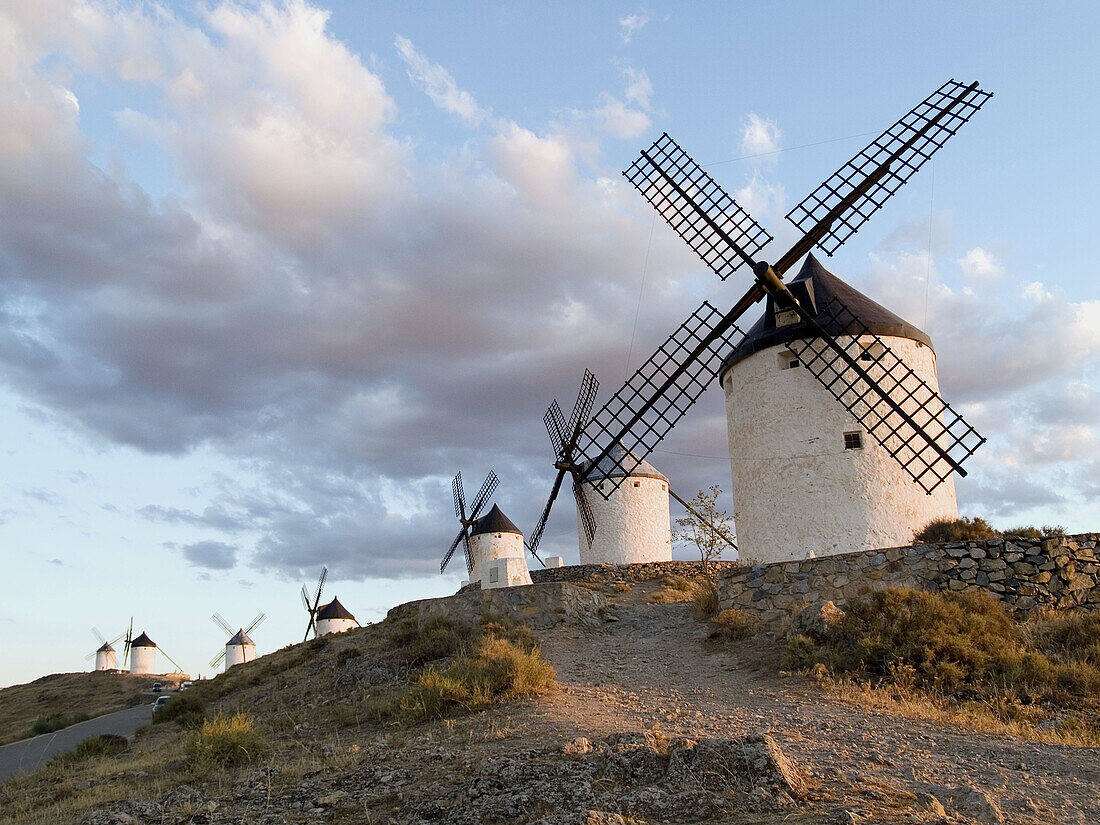 Windmills in the evening, Consuegra. Toledo province, Castilla-La Mancha, Spain