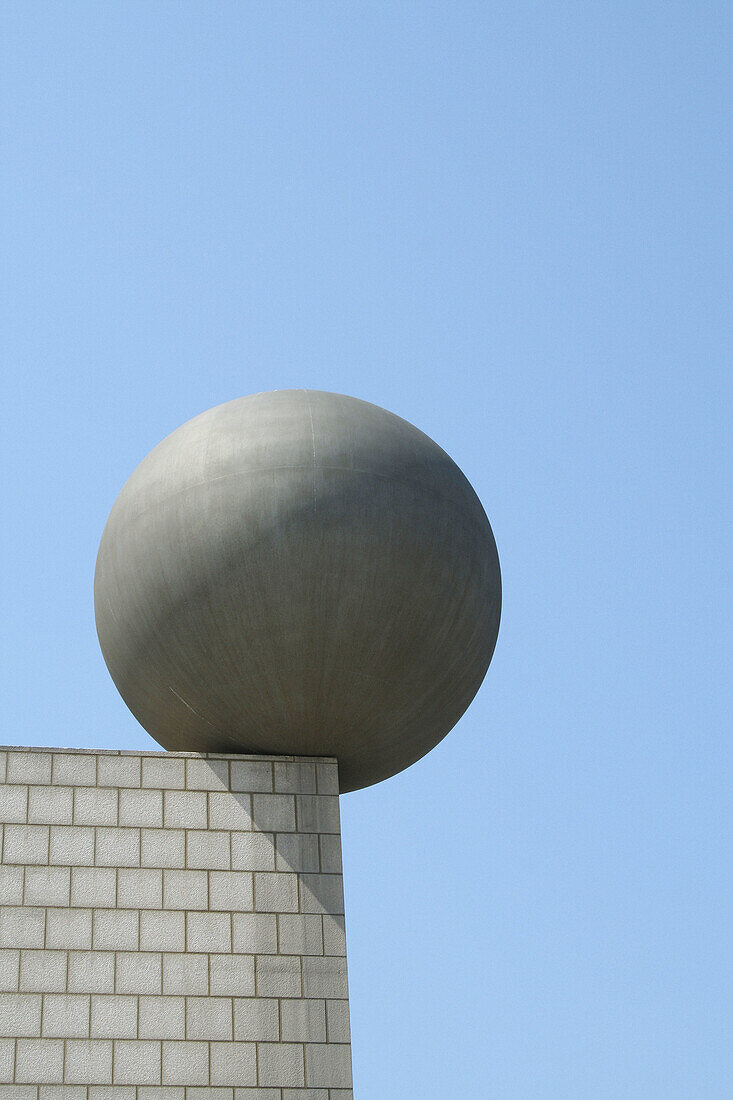 Architectural detail, Architectural details, Balance, Blue, Blue sky, Border, Color, Colour, Concept, Concepts, Daytime, Edge, Equilibrium, exterior, Geometry, Gray, Grey, Odd, outdoor, outdoors, outside, Shape, Shapes, Skies, Sky, Sphere, Spheres, Strang