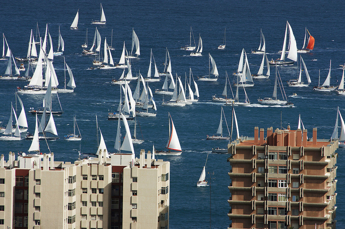 Yachts leaving Las Palmas on Gran Canaria at the start of the ARC transatlantic race.