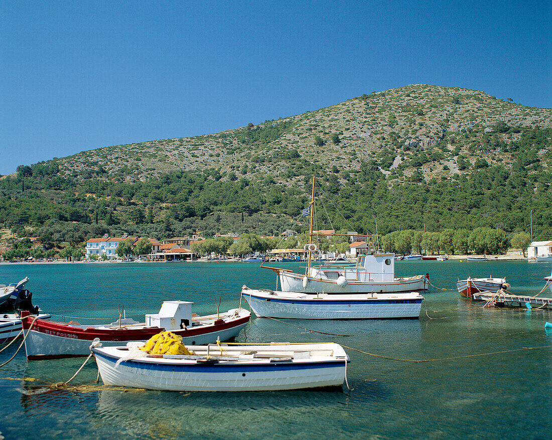 View of moored boats, Possidonio, Samos Island, Greek Islands