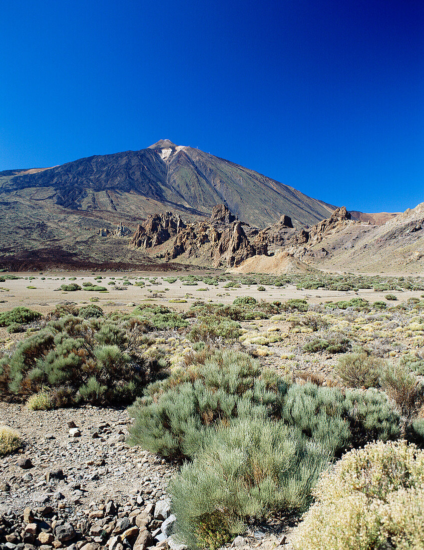 View to Mount Teide with Los Roques, Las Canadas National Park, Tenerife, Canary Islands