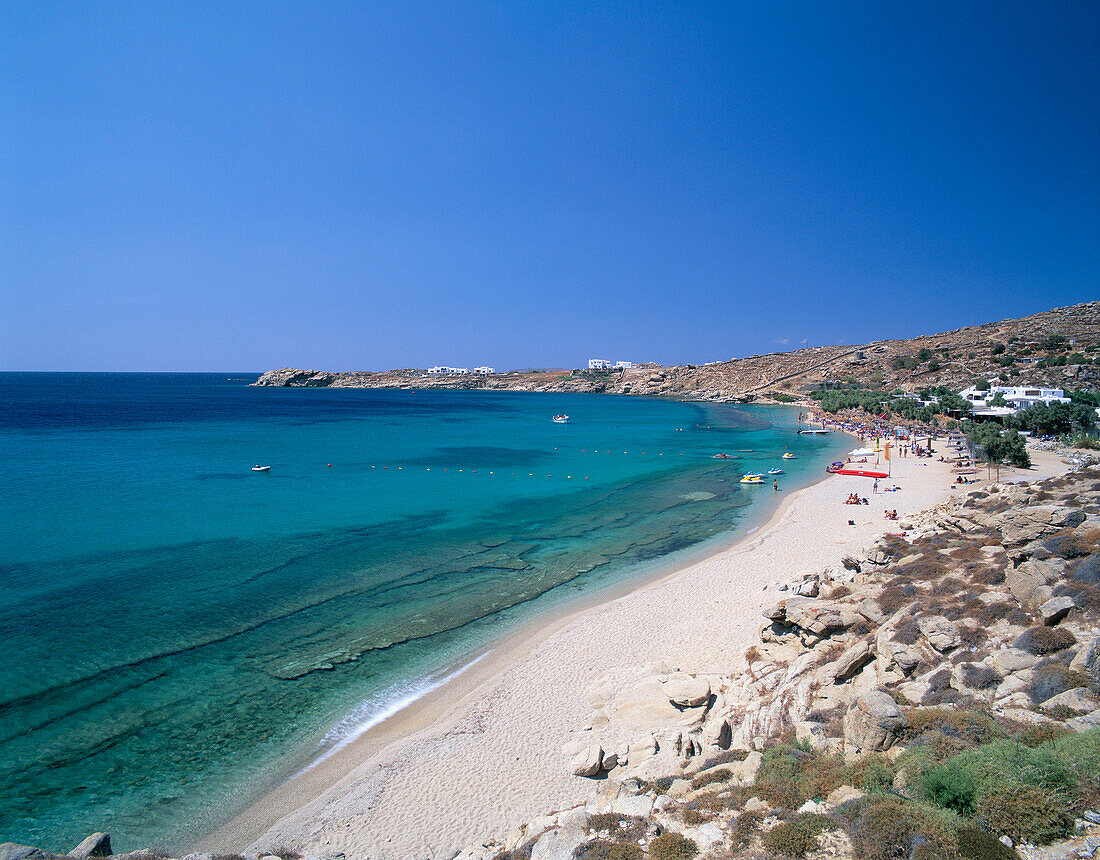 View of beach and bay, Paradise beach, Mykonos Island, Greek Islands