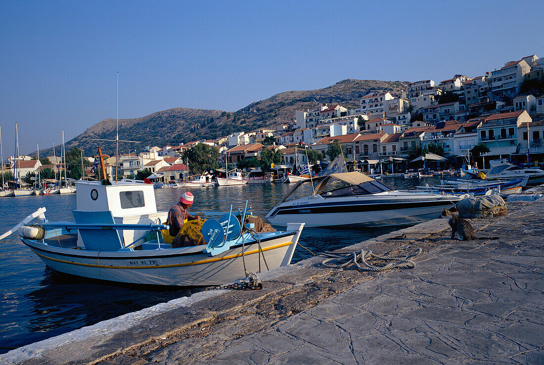 Boats and houses around harbourside, Pithagorio Harbour, Samos Island, Greek Islands