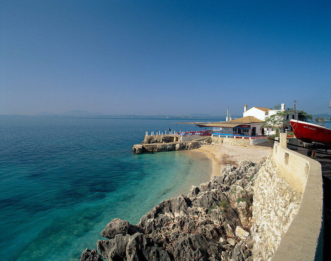 View of beach and bay, Nisaki Bay, Corfu, Greek Islands