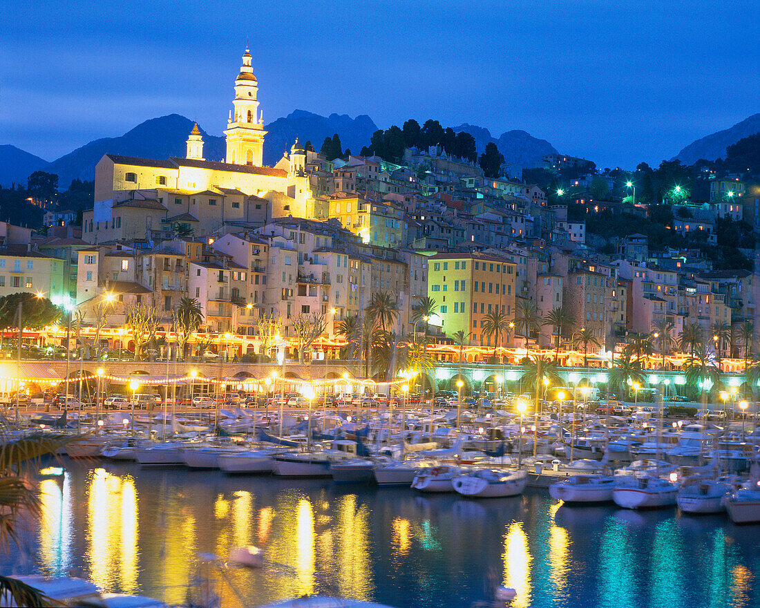 View of Harbour at Dusk, Menton, Cote d'Azur, France