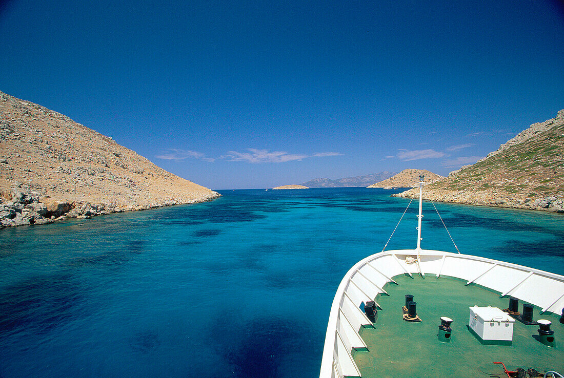 View over ship's bow to sea, View from Boat, Symi Island, Greek Islands