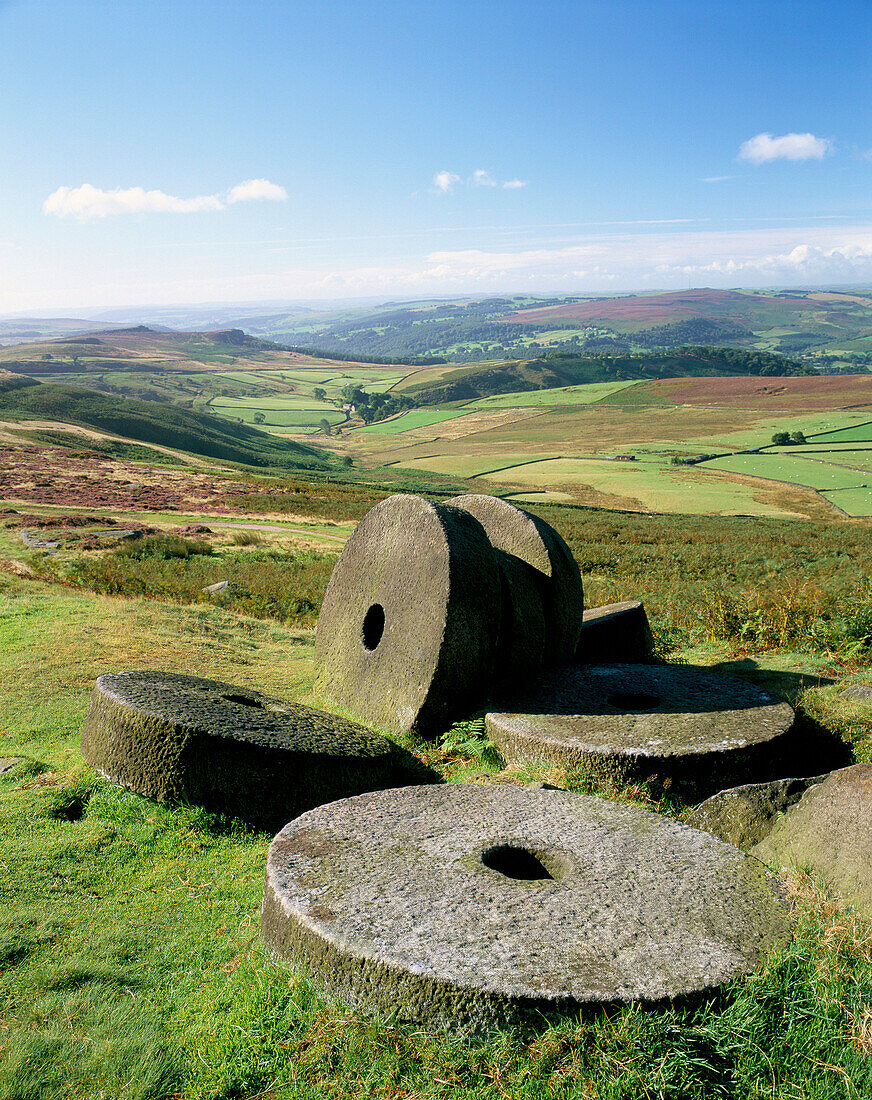 Abandoned millstones, Stanage Edge, Peak District National Park, Derbyshire, UK, England