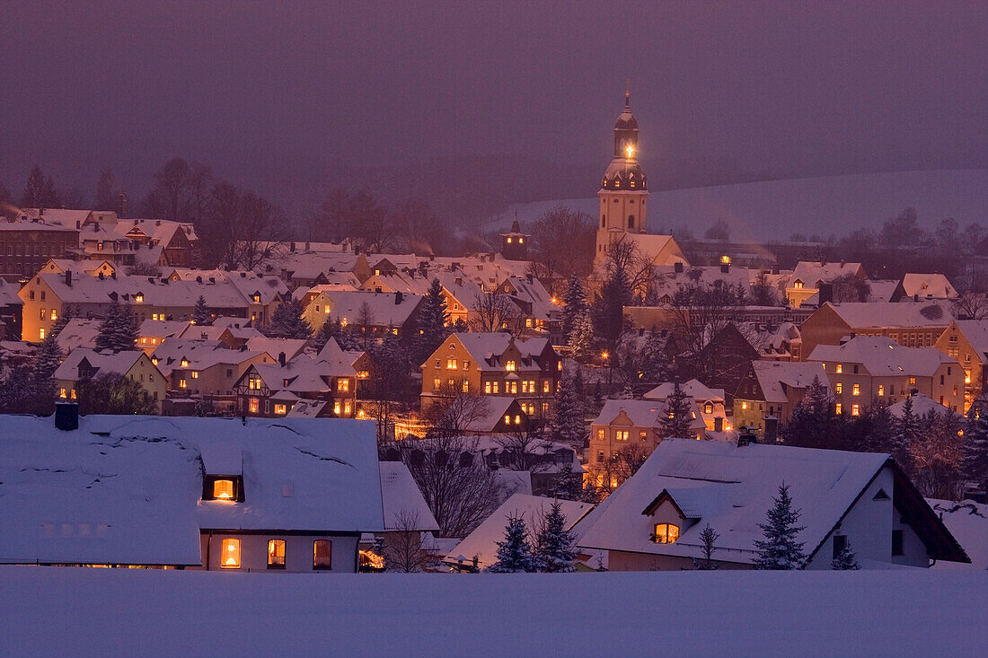 Cityscape with St. Ulrich church in winter, Schlettau, Ore mountains, Saxony, Germany