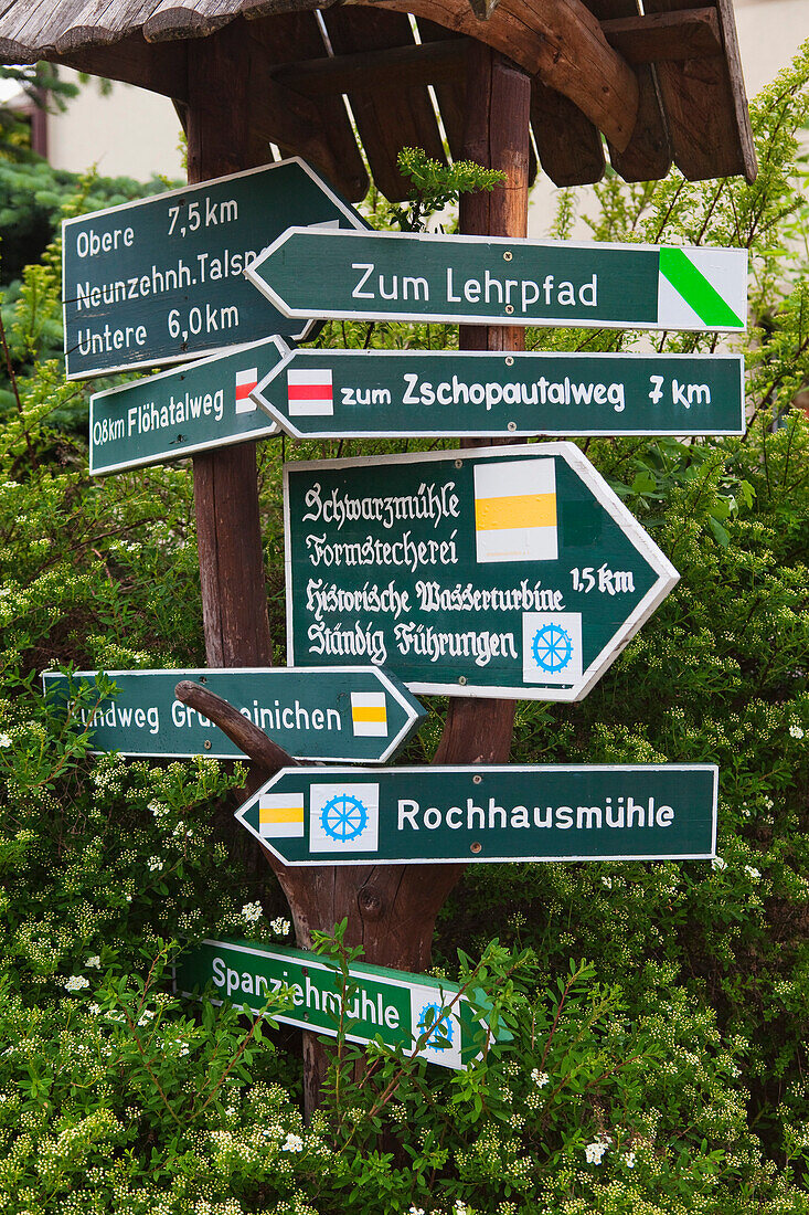 Sign post, Gruenhainichen, Ore mountains, Saxony, Germany