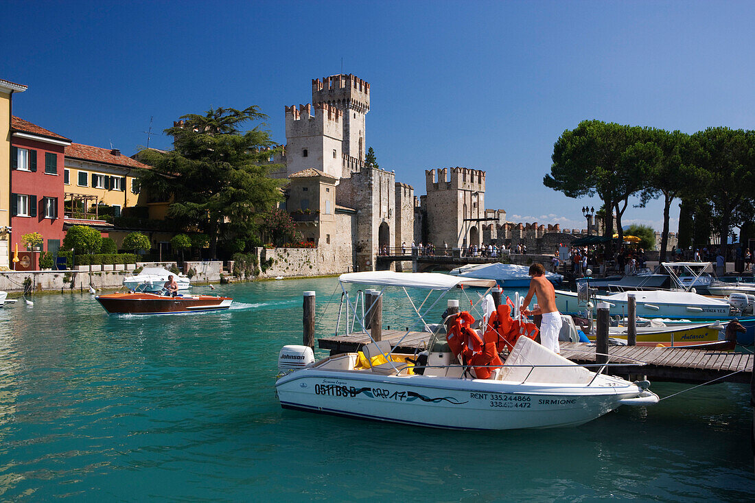 Port and Scaliger castle, Sirmione, lake Garda, Brescia province, Lombardy, Italy