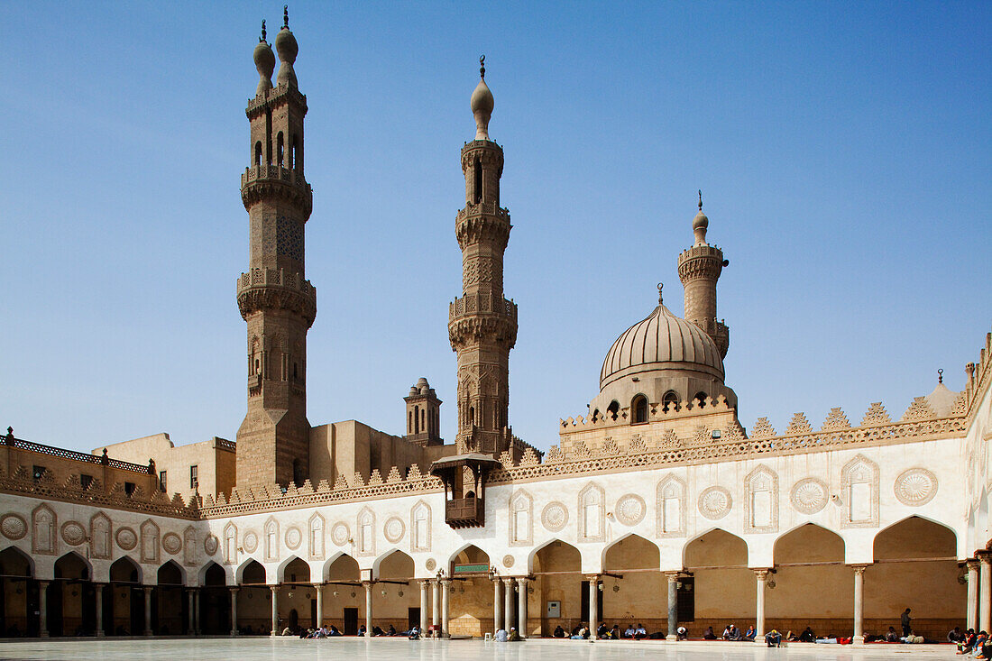 Courtyard of Al Azhar mosque under blue sky, Cairo, Egypt, Africa