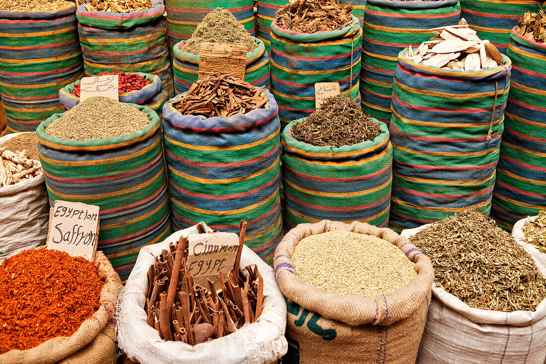 Sacks filled with spices at bazaar Khan el-Khalili, Cairo, Egypt, Africa
