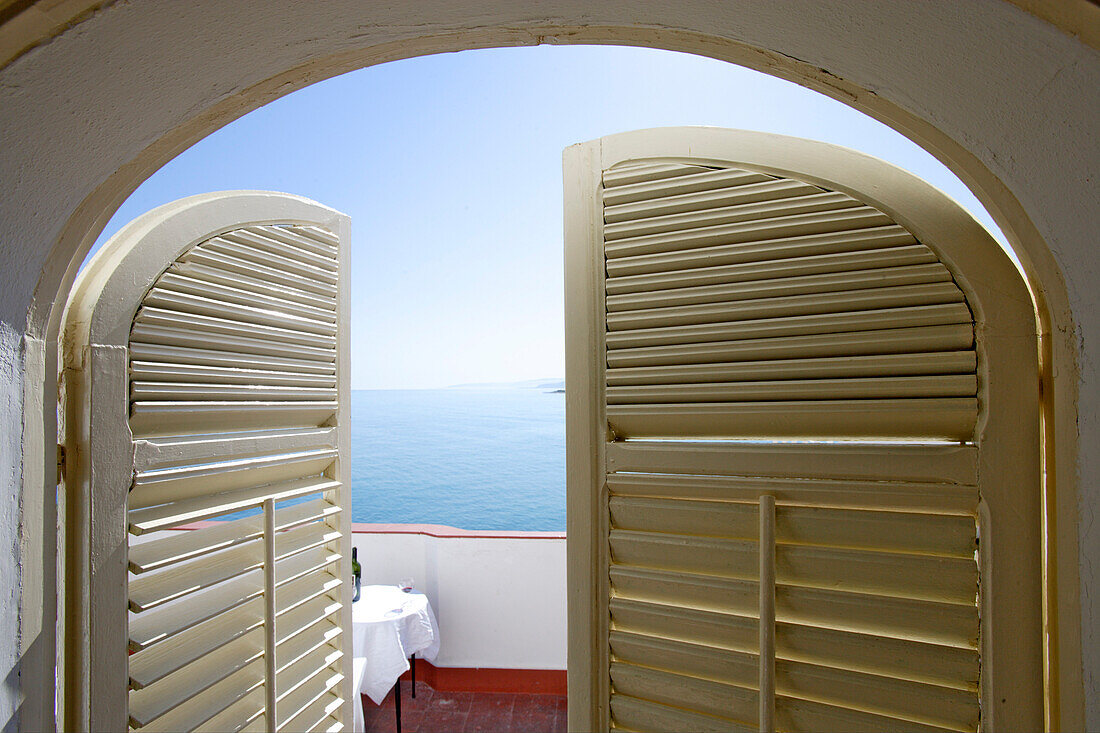 Deserted balcony with sea view, Atelier sul Mare hotel, Castel di Tusa, Sicily, Italy, Europe