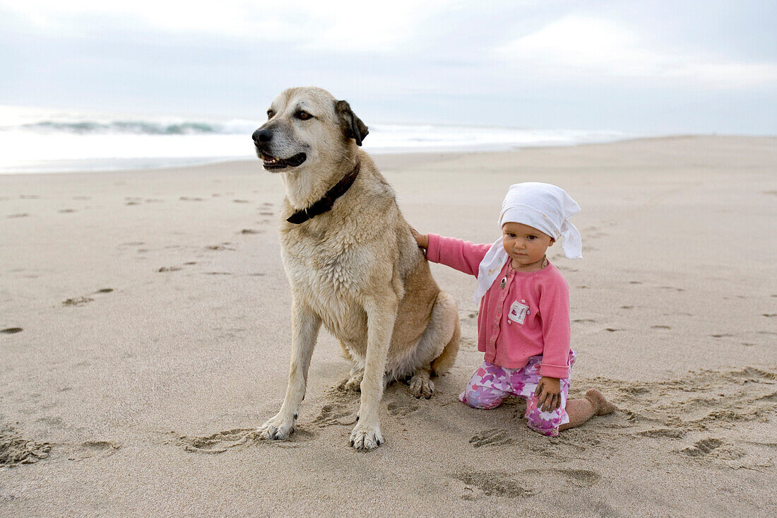A 1 year old girl stroking a dog on the beach, Anatolien Shepherd, Punta Conejo, Baja California Sur, Mexico