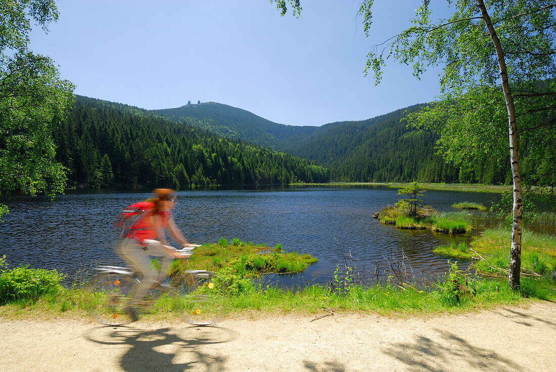 Female cyclist near lake Kleiner Arbersee, Great Arber, Bavarian Forest National Park, Lower Bavaria, Bavaria, Germany